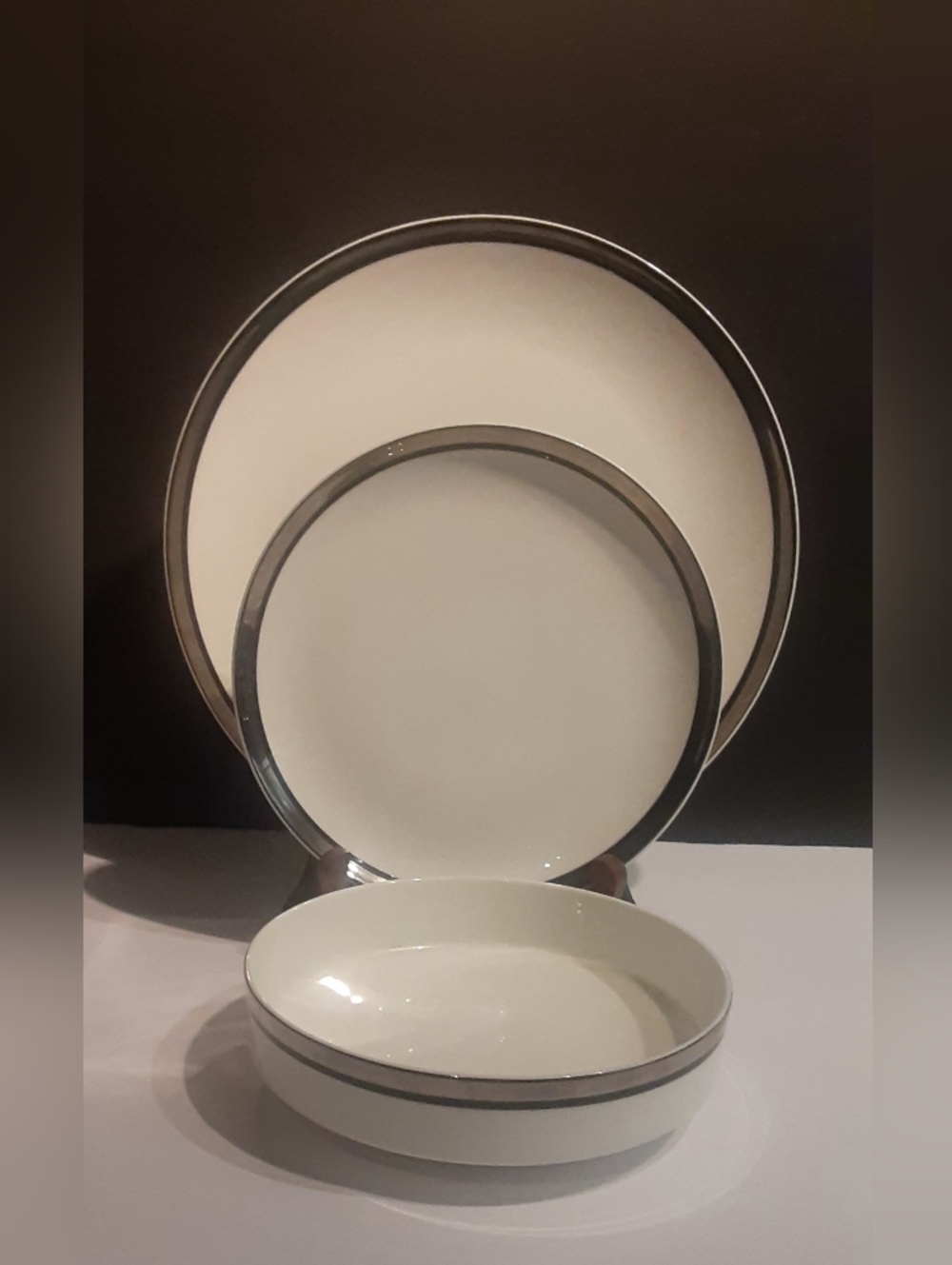 c1970-90 MIKASA SOLITUDE Platinum Edge 3 Piece Set Dinner + Salad Plate & Bowl